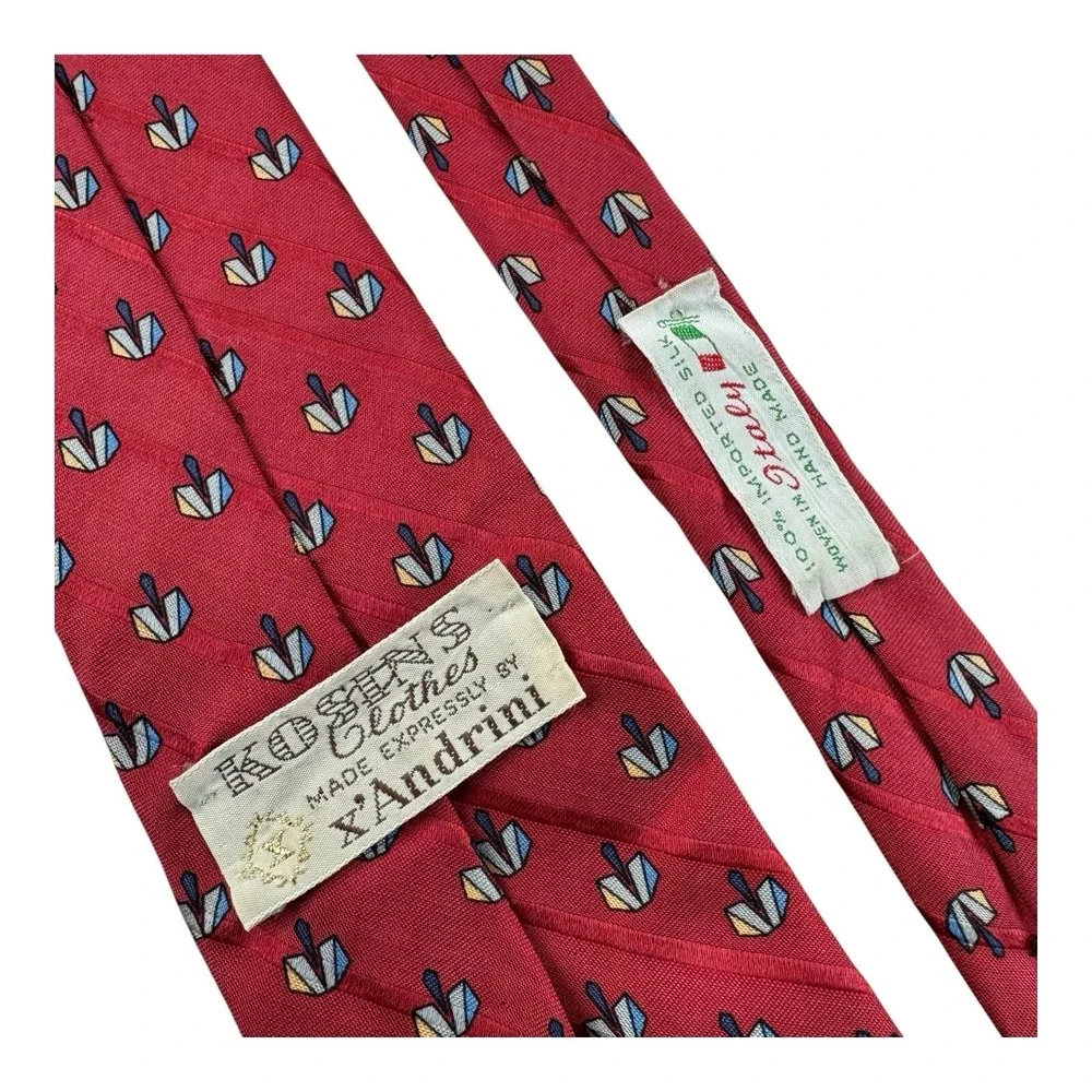 X'Andrini Vintage Pure Silk Tie Red Blue Origami Design Hand Made Italy 3